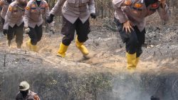 Polwan Polres Rohul Bersama Tim Pemadam Kebakaran Beraksi Heroik Padamkan Karhutla di Sialang Jaya