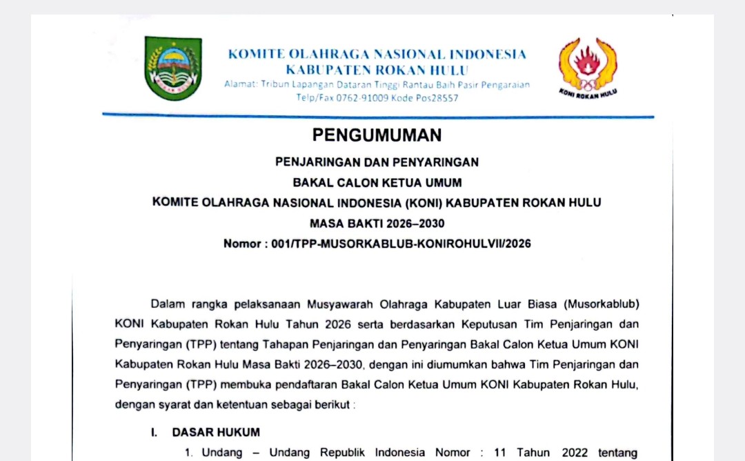 Pengumuman Pendaftaran Balon Caketum Koni Rohul